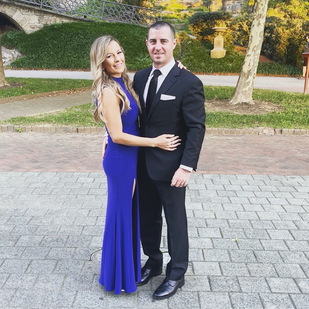 IEENA for Mac Duggal mock neck double slit dress